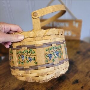 Vintage hand painted,Handcrafted Woven Basket w/blueberry Design-tan/purple